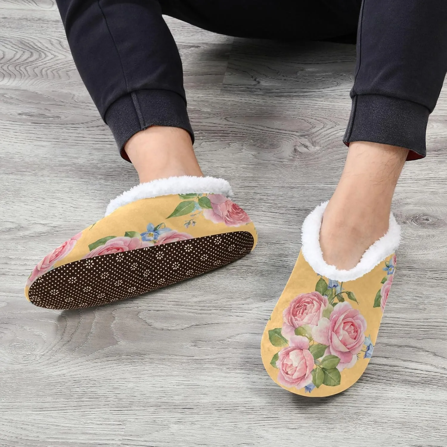 Naanle Slippers Rose Flowers Slippers Comfy Fuzzy Women's Slippers Fleece Warm Bedroom Shoes Home Slippers