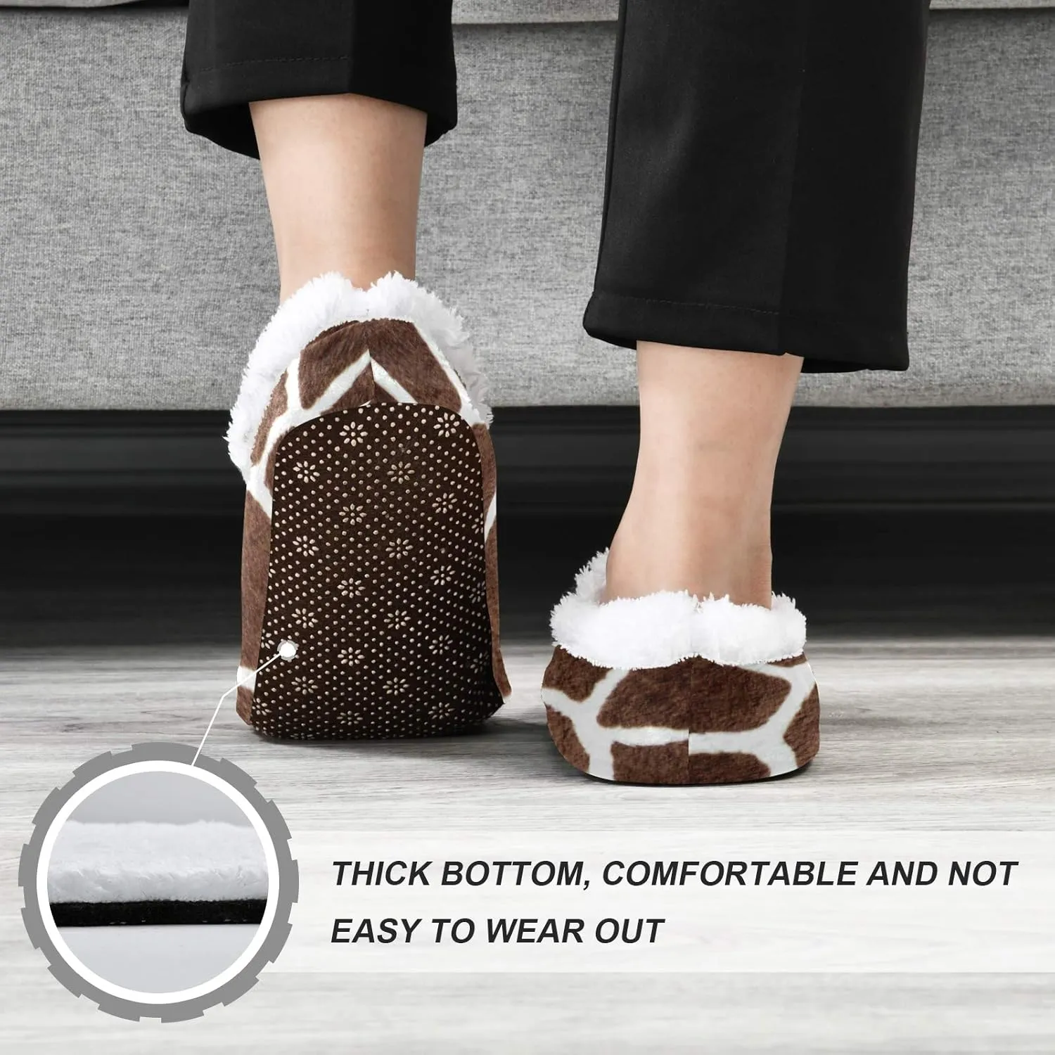 Naanle Women's Animal Print Giraffe Closed Back Memory Foam Slippers, Comfortable Indoor Outdoor Home Slippers, Fuzzy Fleece Warm, Anti-Slip Rubber Sole, Brown, Size 9-10 X-Wide