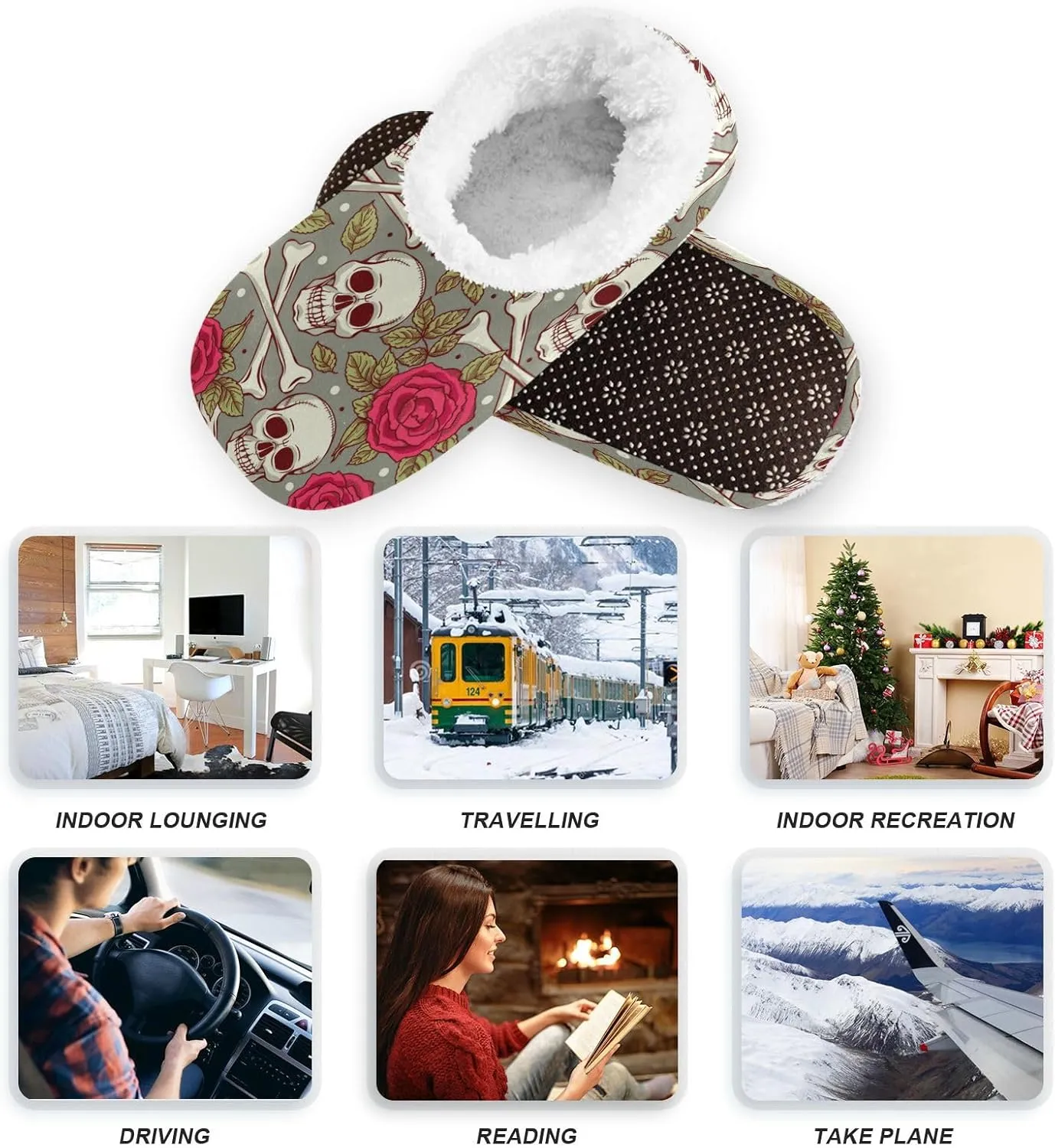 Naanle Women's Fuzzy Fur Slippers With Skull Roses Design - Comfy Fleece Warm Bedroom Shoes for Home