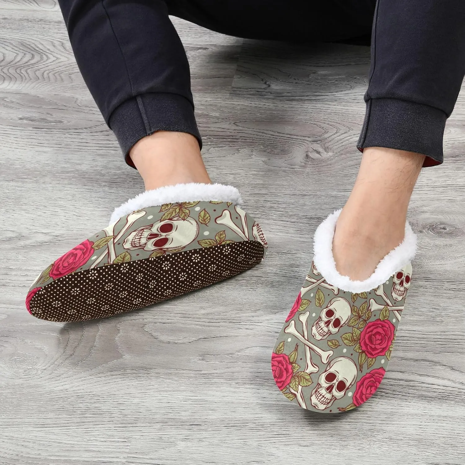 Naanle Women's Fuzzy Fur Slippers With Skull Roses Design - Comfy Fleece Warm Bedroom Shoes for Home