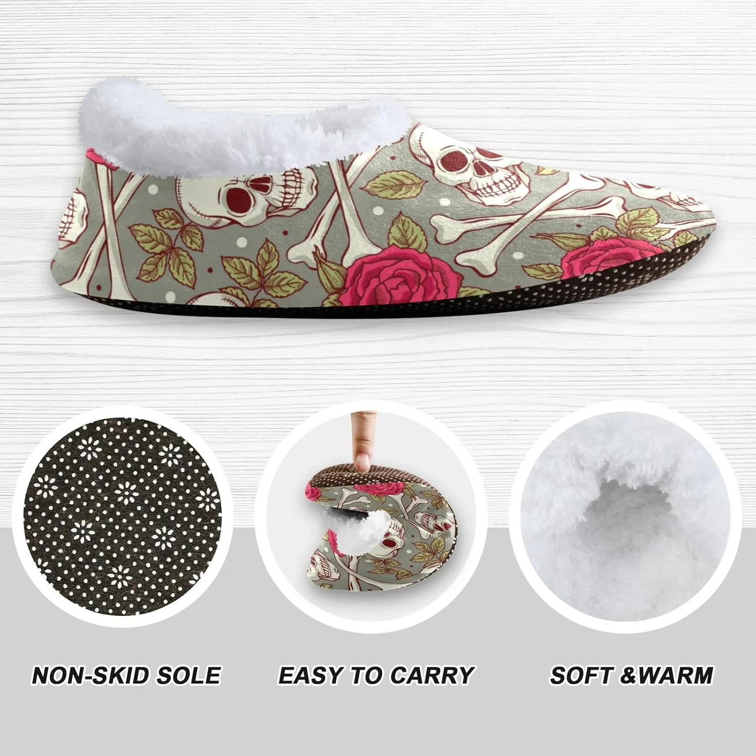 Naanle Women's Fuzzy Fur Slippers With Skull Roses Design - Comfy Fleece Warm Bedroom Shoes for Home