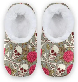 Naanle Women's Fuzzy Fur Slippers With Skull Roses Design - Comfy Fleece Warm Bedroom Shoes for Home