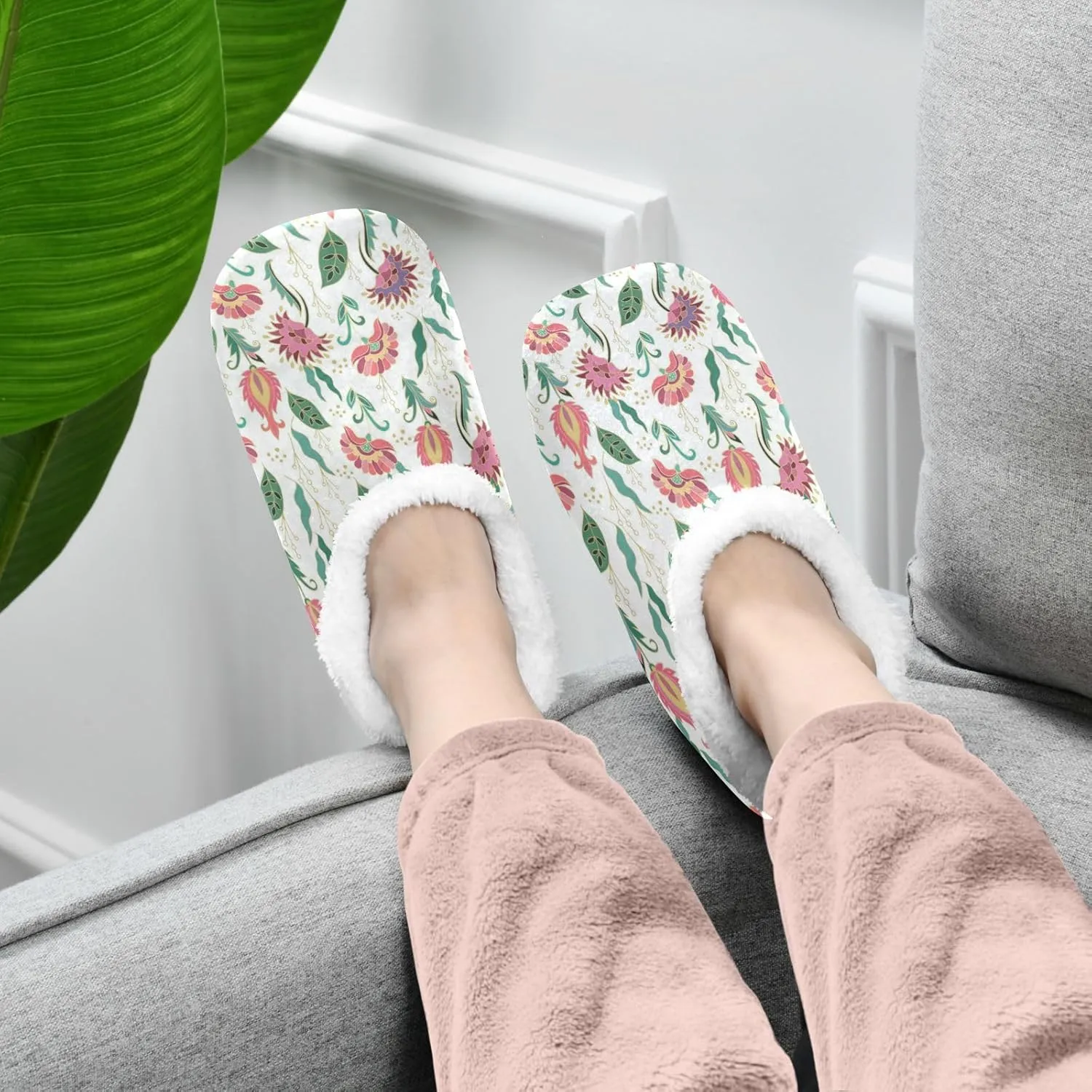 Naanle Women's Slippers Paisley Flower Slippers Fuzzy Fur Comfy Fleece Warm Bedroom Shoes Home Slippers