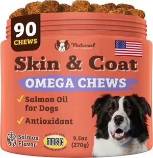 Natural Dog Company Skin & Coat Chews, Omega 3 Salmon Oil, Daily Vitamins and Supplements for Itchy Skin Relief, Allergies, with Biotin, Vitamin E, Antioxidant (90 Count)