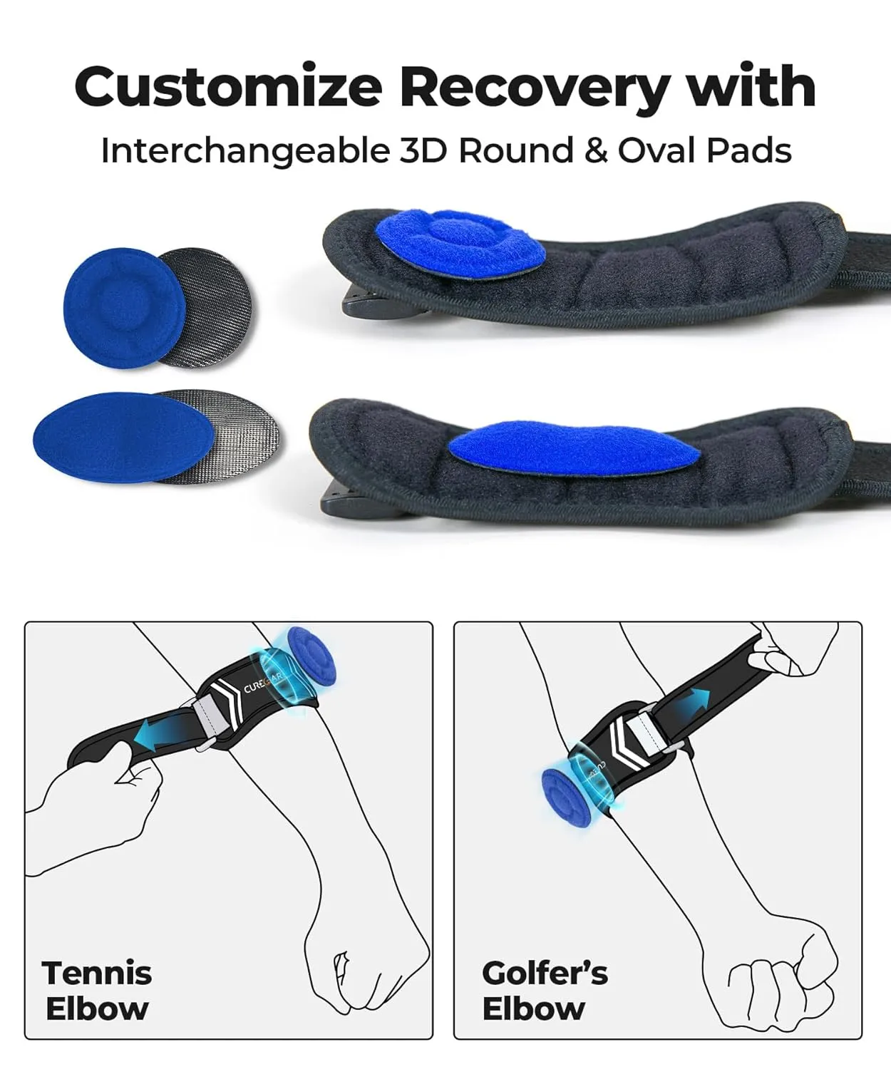 New Upgraded Tennis & Golfers Elbow Brace with Two 3D Pads, Targeted Support Forearm Brace for Customized Compression, Adjustable Elbow Strap for Men/Women (Black)