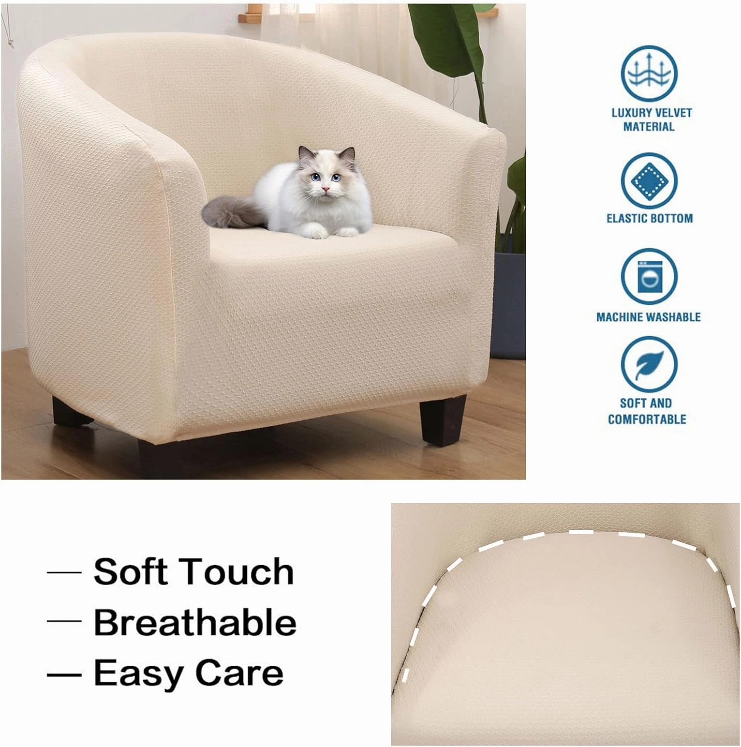 NILUOH Waterproof Club Chair Slipcover Jacquard Tub Chair Cover Stretch Armchair Covers Sofa Cover Furniture Protector for Living Room (Beige)