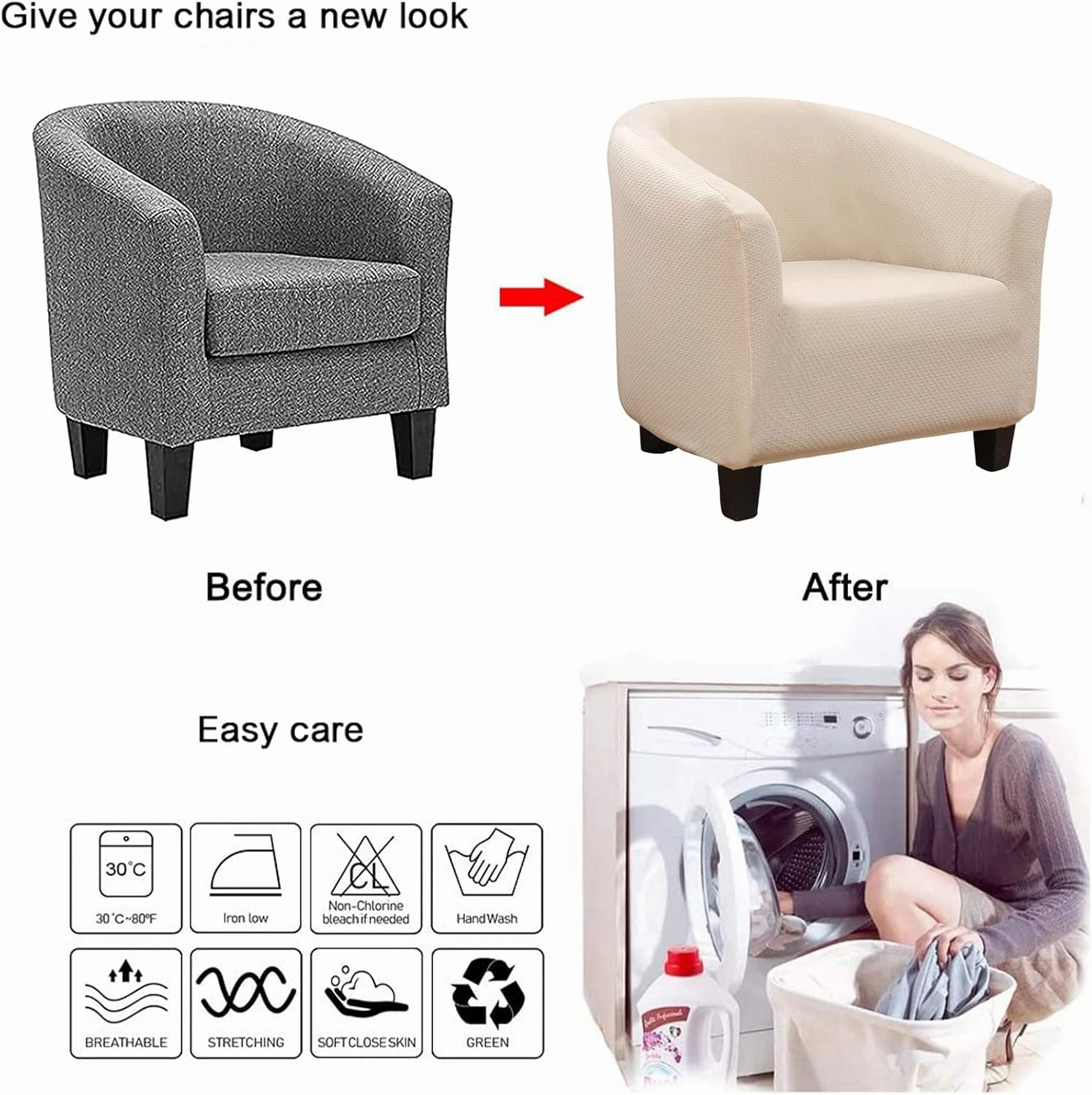 NILUOH Waterproof Club Chair Slipcover Jacquard Tub Chair Cover Stretch Armchair Covers Sofa Cover Furniture Protector for Living Room (Beige)