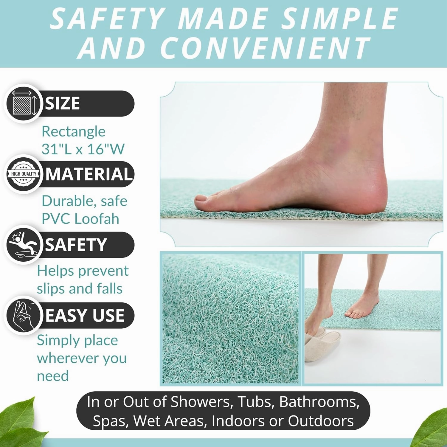 Non Slip Bathtub Mat Shower Mat for Tub - Loofah Bath Mats for Bathroom - 31x16 Bathtub Floor Mat - Textured Anti Slip Bath Mat Without Suction Cups - Secure Mat for Wet Areas (31x16 Aqua Green)