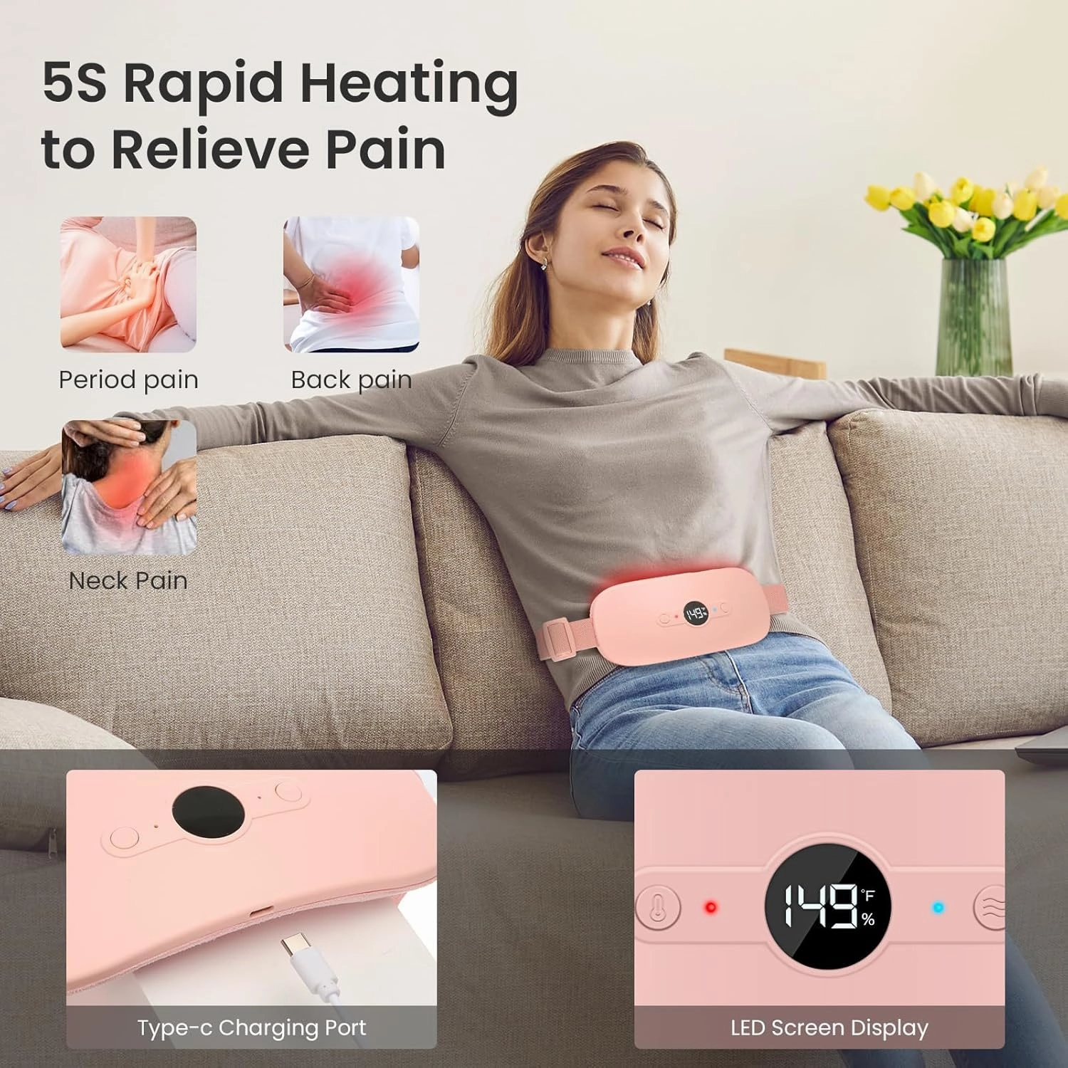 NOWWISH Heating Pad for Period Cramps Pain Relief, Portable Electric Cordless Menstrual Heating Pad Rechargeable with 6 Heat Levels and 6 Massage Modes, College Dorm Room Essentials for Girls, Pink