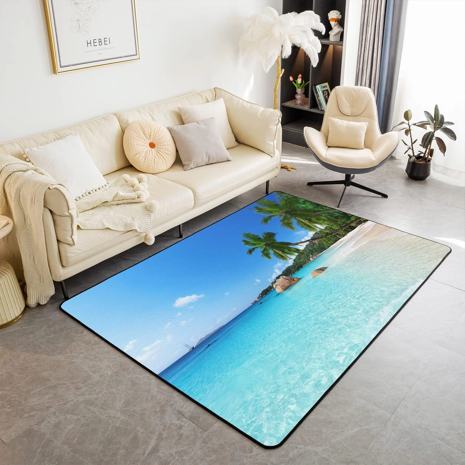 Ocean Area Rug 3x5, Palm Leaves Printd Rug, Summer Beach Hawaiian Vacation Style Non Slip Carpet, Green Palm Trees Tropical Nature Sea Theme Decorative Rug for Living Room