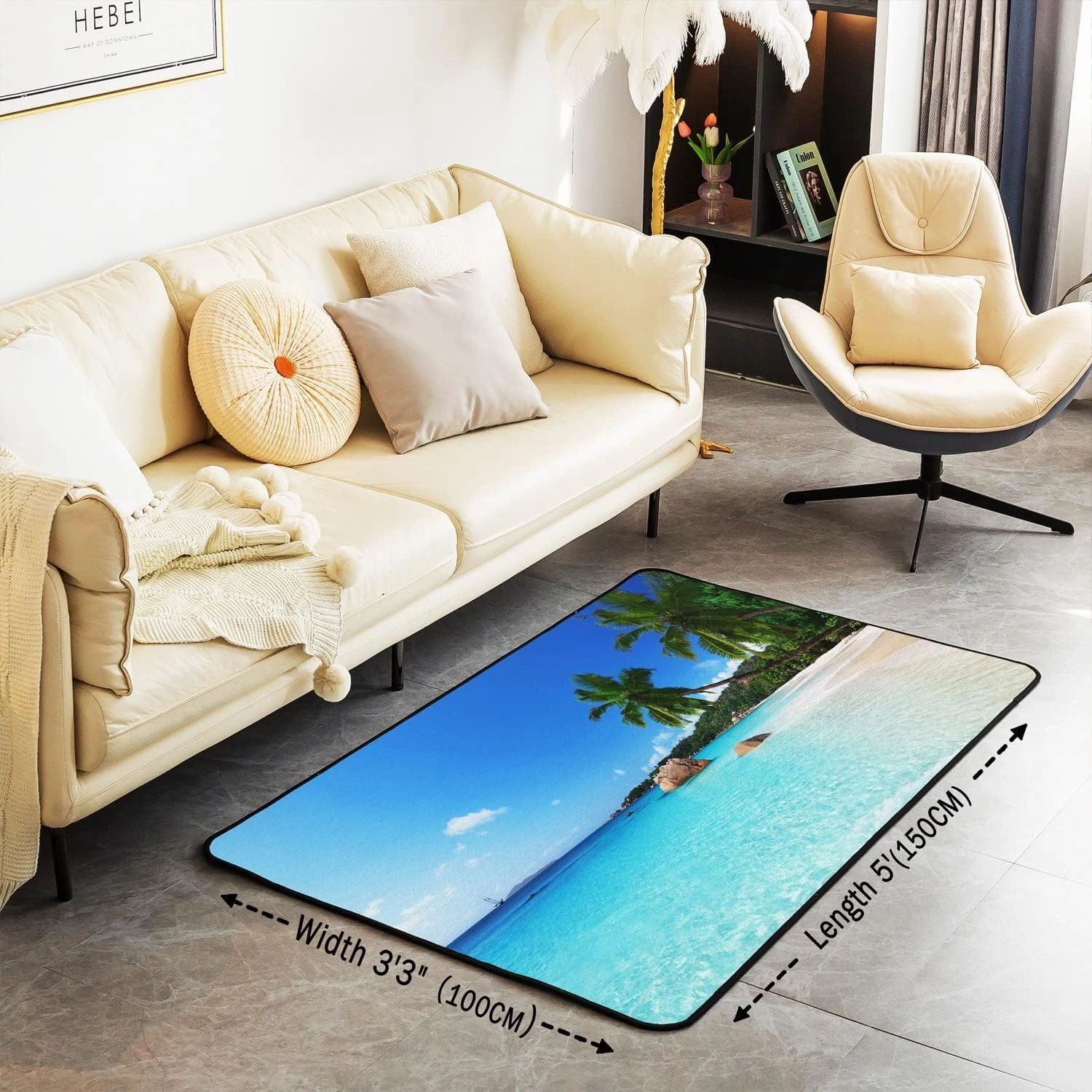 Ocean Area Rug 3x5, Palm Leaves Printd Rug, Summer Beach Hawaiian Vacation Style Non Slip Carpet, Green Palm Trees Tropical Nature Sea Theme Decorative Rug for Living Room