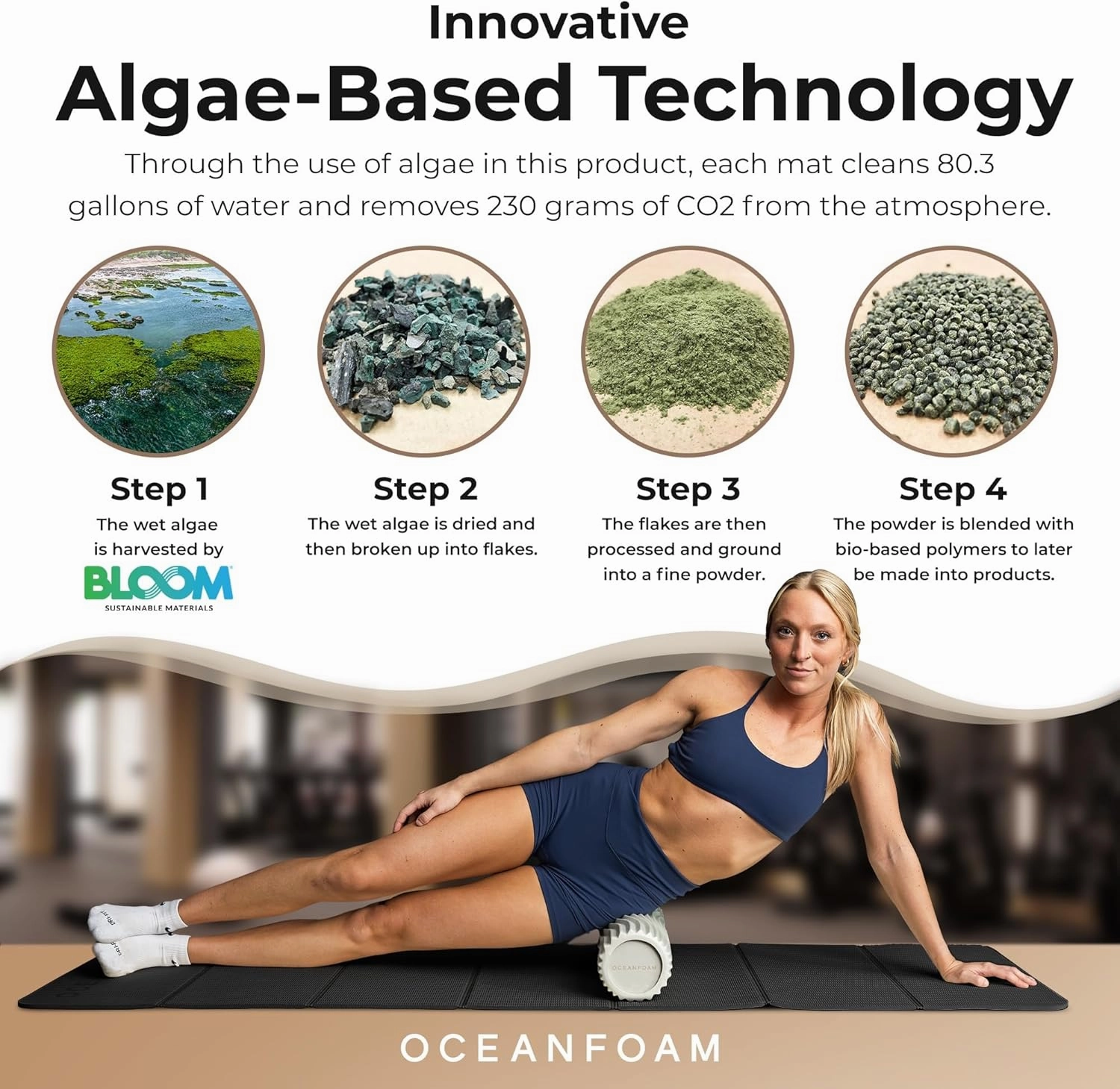 Oceanfoam Travel Workout Mat – Thick Folding Exercise Mat for Yoga, Pilates, & Fitness – Non-Slip with Cotton Carrying Strap, Made with Sustainable Algae Foam