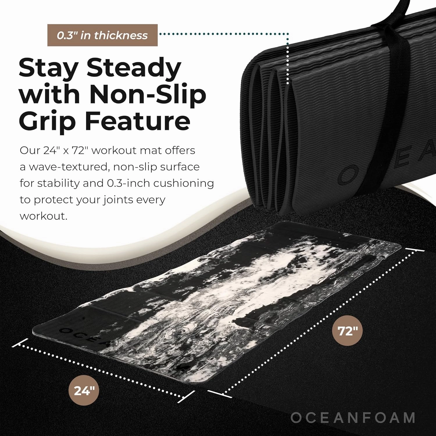 Oceanfoam Travel Workout Mat – Thick Folding Exercise Mat for Yoga, Pilates, & Fitness – Non-Slip with Cotton Carrying Strap, Made with Sustainable Algae Foam