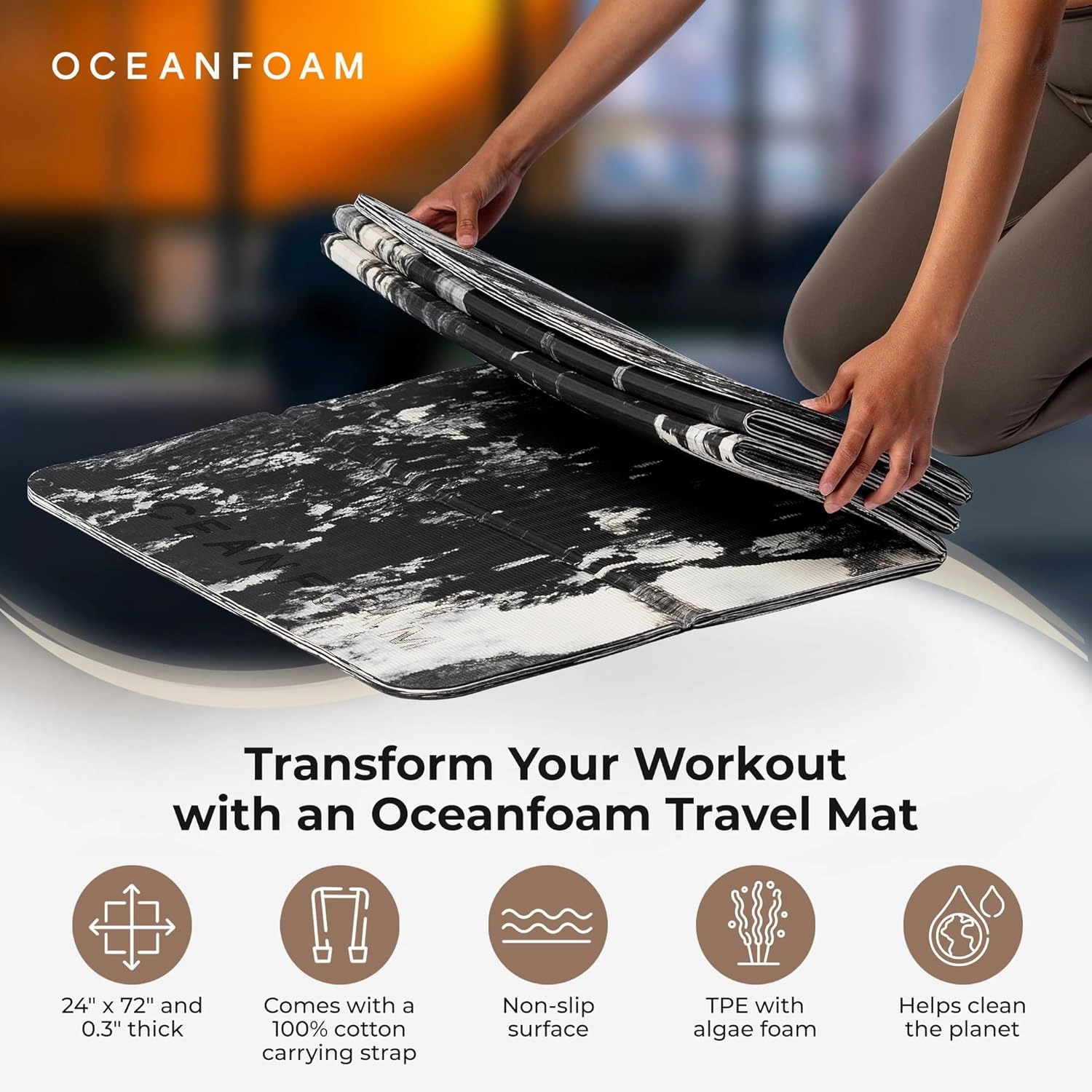 Oceanfoam Travel Workout Mat – Thick Folding Exercise Mat for Yoga, Pilates, & Fitness – Non-Slip with Cotton Carrying Strap, Made with Sustainable Algae Foam