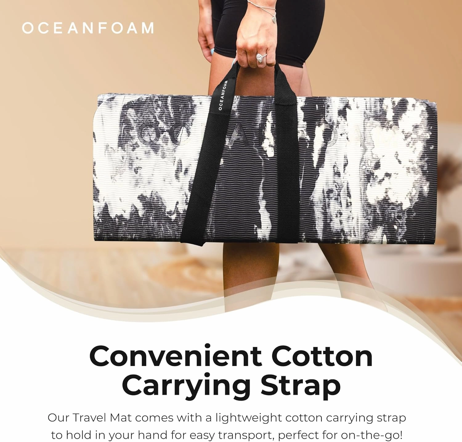 Oceanfoam Travel Workout Mat – Thick Folding Exercise Mat for Yoga, Pilates, & Fitness – Non-Slip with Cotton Carrying Strap, Made with Sustainable Algae Foam
