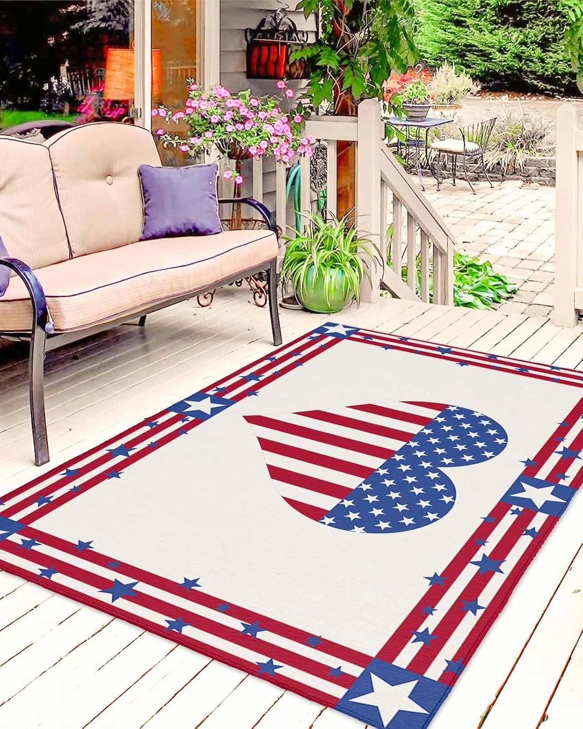 Outdoor Rug,Independence Day Love American Flag Indoor Area Rug Outdoor Carpet RV Camping Rugs 4x6ft,Star Stripes Cotton Texture Outside Mat for Patio Picnic Porch Deck Balcony Backyard