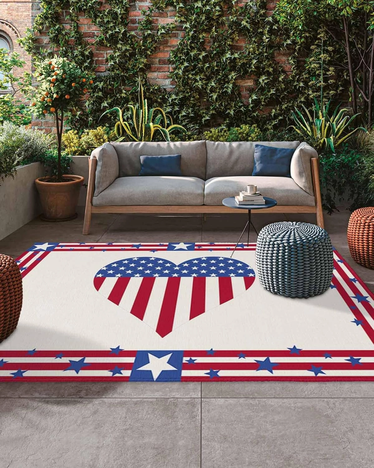 Outdoor Rug,Independence Day Love American Flag Indoor Area Rug Outdoor Carpet RV Camping Rugs 4x6ft,Star Stripes Cotton Texture Outside Mat for Patio Picnic Porch Deck Balcony Backyard