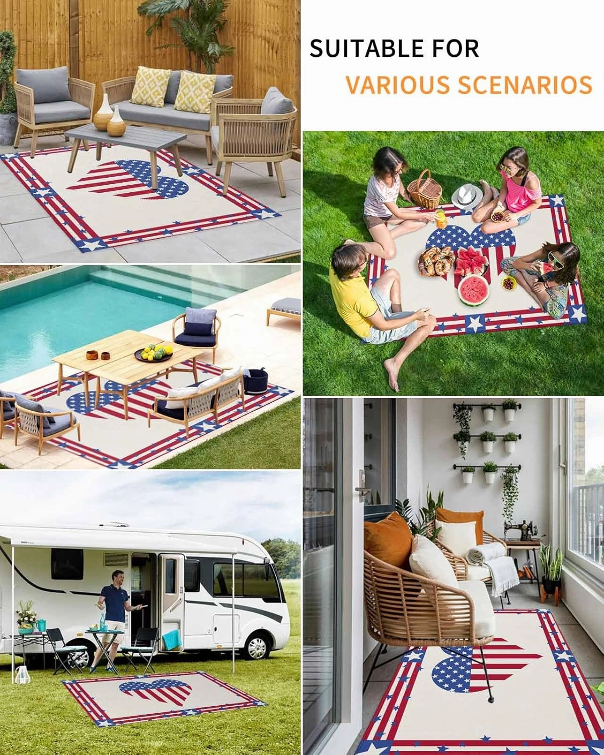 Outdoor Rug,Independence Day Love American Flag Indoor Area Rug Outdoor Carpet RV Camping Rugs 4x6ft,Star Stripes Cotton Texture Outside Mat for Patio Picnic Porch Deck Balcony Backyard