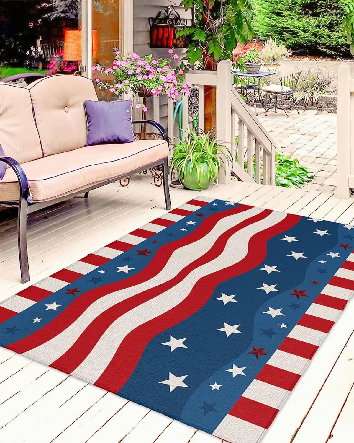 Outdoor Rug,Independence Day Stars Stripes Ripple American Flag Indoor Area Rug Outdoor Carpet RV Camping Rugs 4x6ft,Cotton Texture Outside Mat for Patio Picnic Porch Deck Balcony Backyard