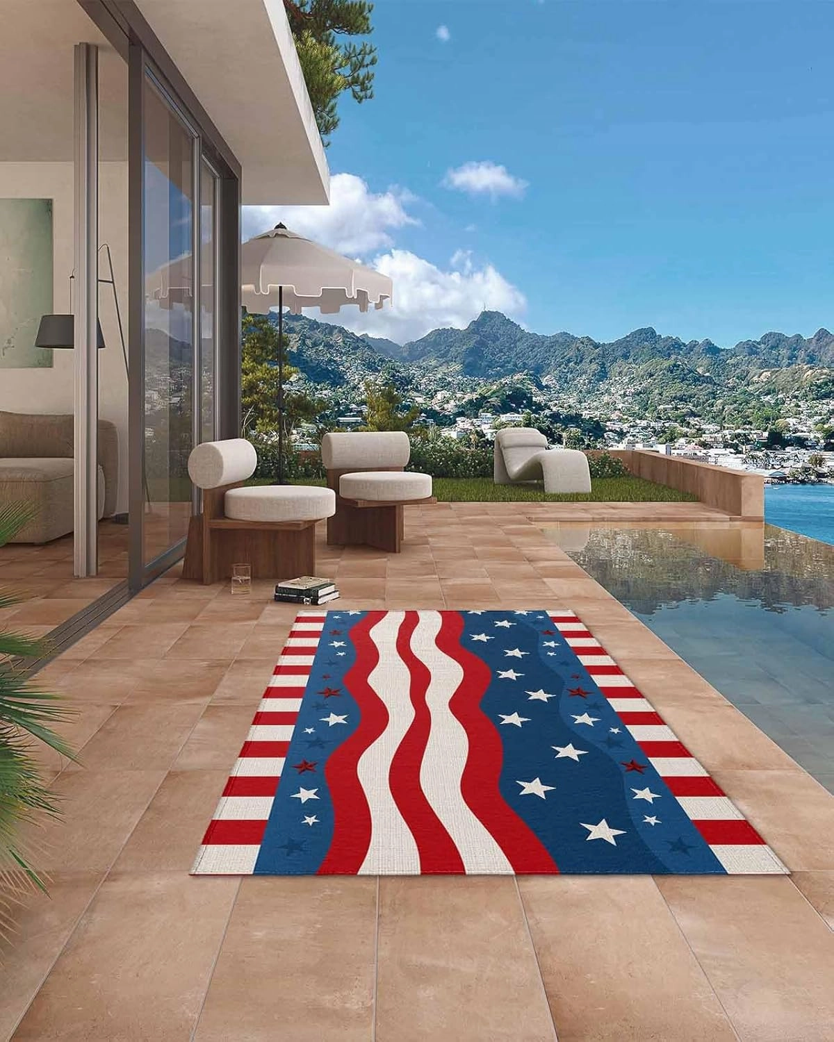 Outdoor Rug,Independence Day Stars Stripes Ripple American Flag Indoor Area Rug Outdoor Carpet RV Camping Rugs 4x6ft,Cotton Texture Outside Mat for Patio Picnic Porch Deck Balcony Backyard