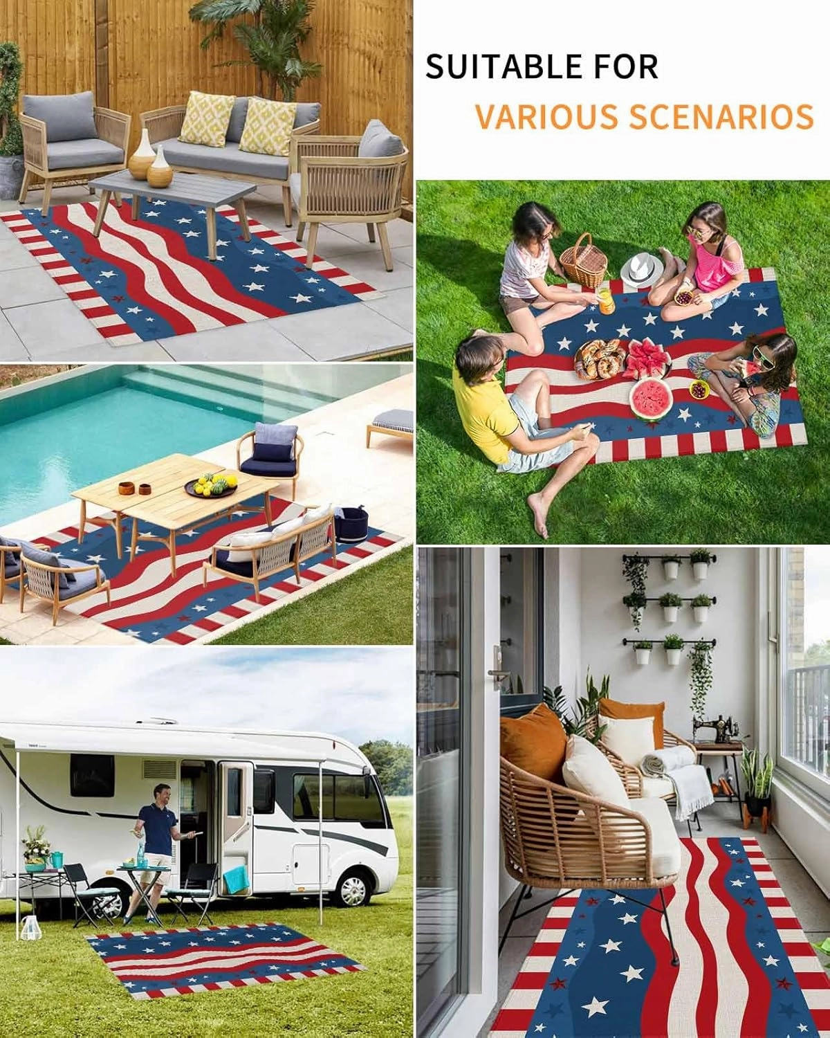 Outdoor Rug,Independence Day Stars Stripes Ripple American Flag Indoor Area Rug Outdoor Carpet RV Camping Rugs 4x6ft,Cotton Texture Outside Mat for Patio Picnic Porch Deck Balcony Backyard