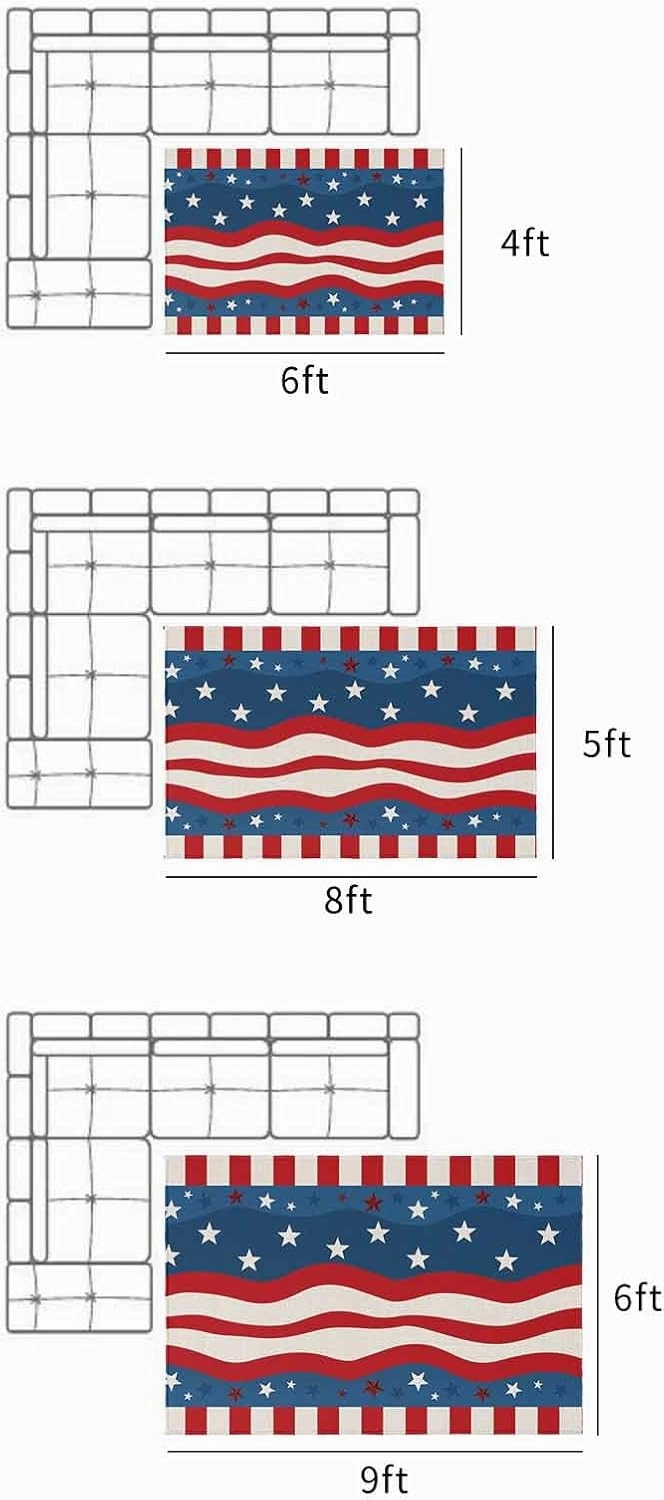 Outdoor Rug,Independence Day Stars Stripes Ripple American Flag Indoor Area Rug Outdoor Carpet RV Camping Rugs 4x6ft,Cotton Texture Outside Mat for Patio Picnic Porch Deck Balcony Backyard