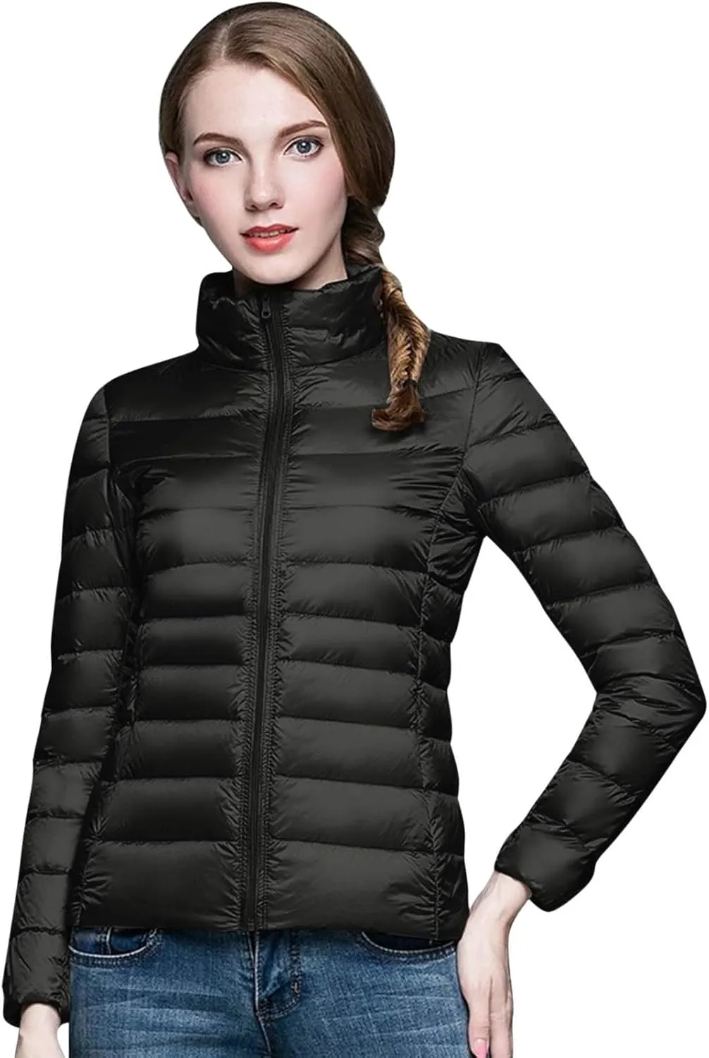Packable Down Jacket for Women Lightweight Winter Duck Down Jackets Slim Fit Bubble Coat Zipper Warm Puffer Jacket with Hood