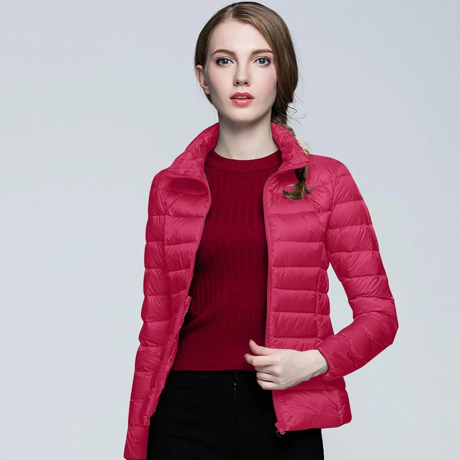 Packable Down Jacket for Women Lightweight Winter Duck Down Jackets Slim Fit Bubble Coat Zipper Warm Puffer Jacket with Hood