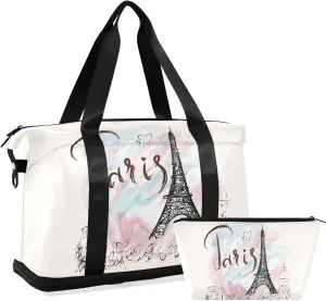 Paris Eiffel Tower Travel Duffel Bag Pink Weekender Bags for Women Men With Shoes Compartments Large Overnight Carry on Weekend Tote With Toiletry Bag for Travel Sport Yoga 17 Inch