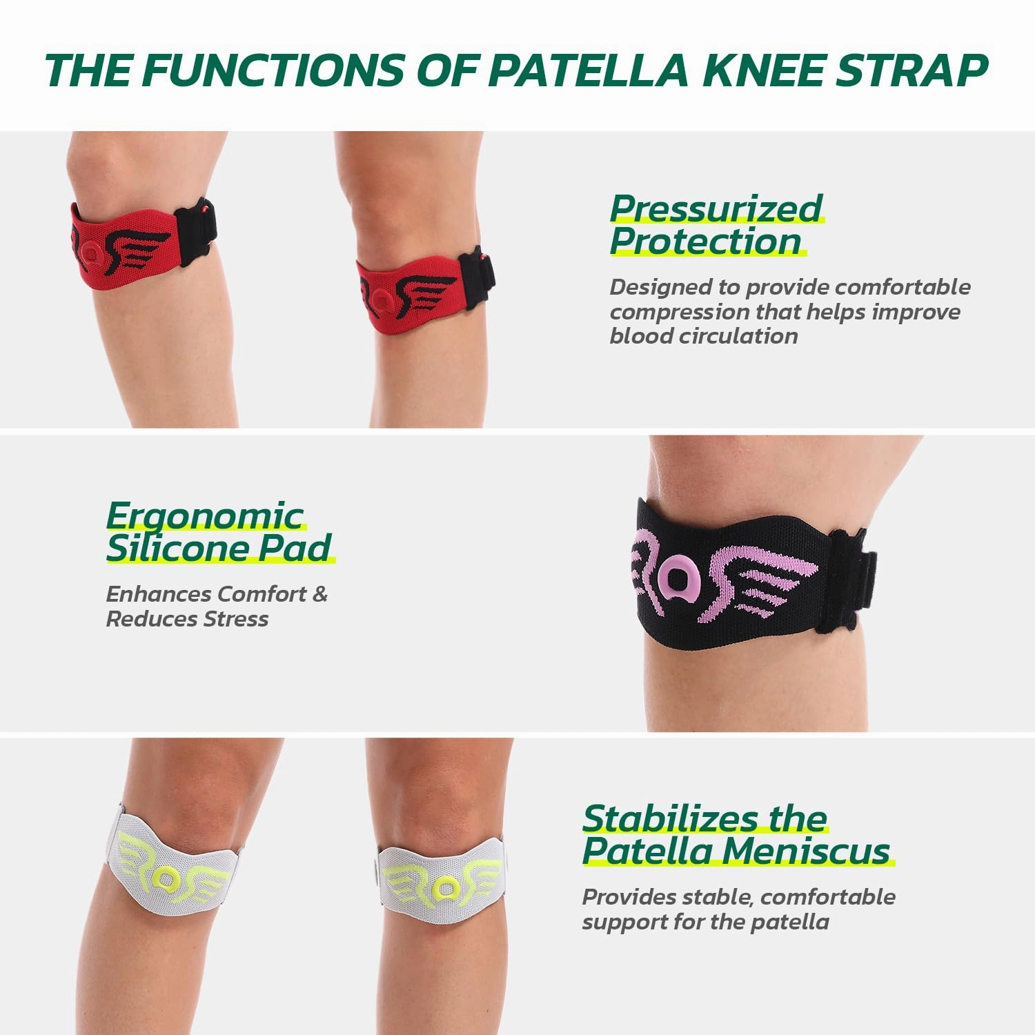 Patella Knee Strap 2-Pack with Ergonomic Silicone Pad for Patellar Tendon Support, Adjustable Compression Knee Stabilizer - Lightweight, Breathable for Running, Jumping, Squats, All Activities