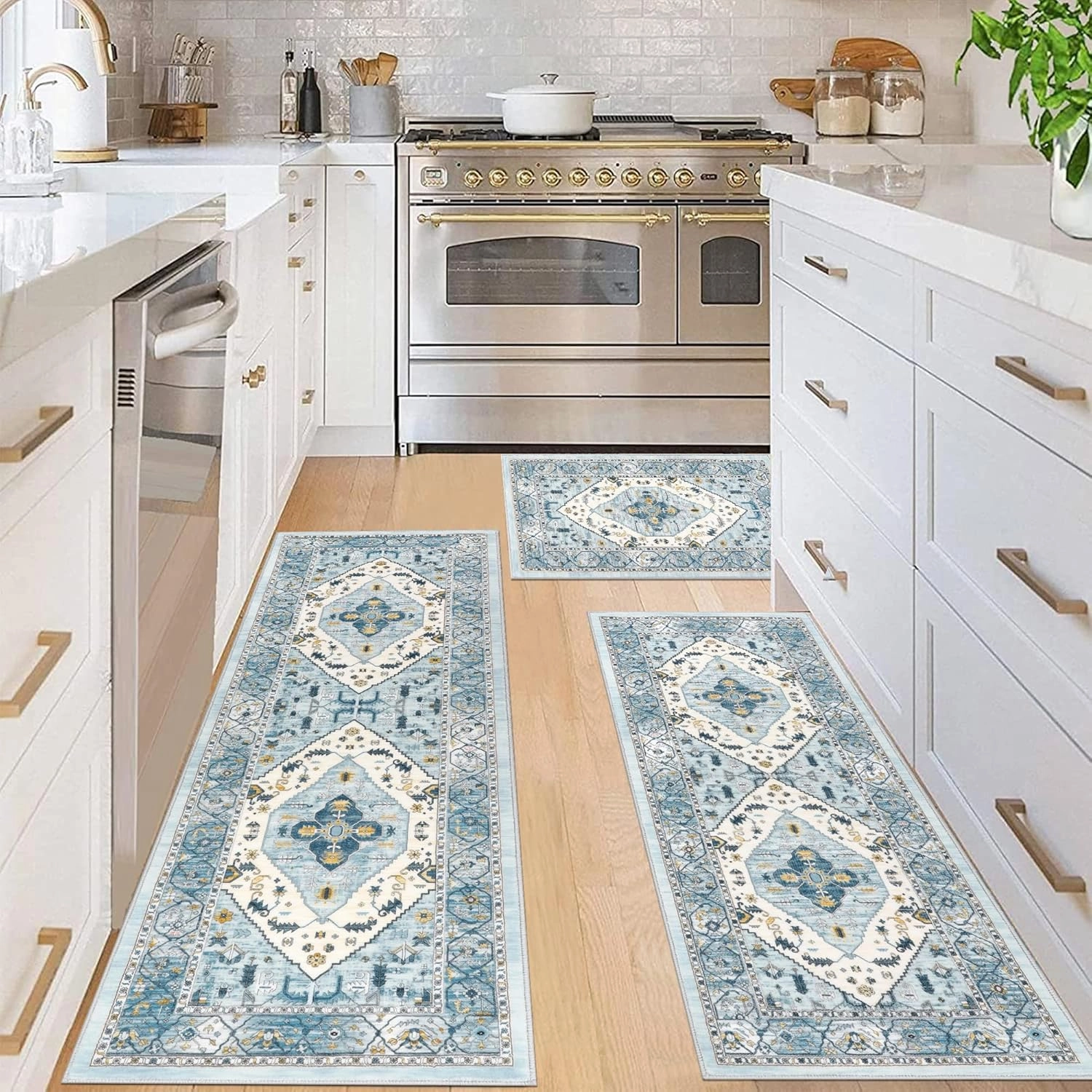 Pauwer Kitchen Rugs Sets of 3 Non Slip Washable Kitchen Mats for Floor Farmhouse Kitchen Floor Mat Runner Rug Boho Kitchen Sink Rug Carpet for Kitchen Hallway Laundry Room, Blue