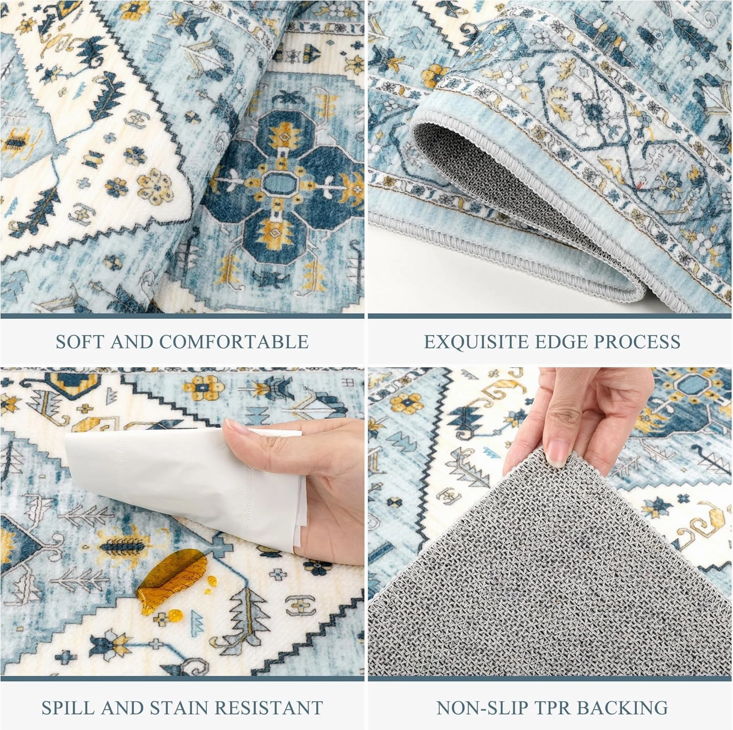 Pauwer Kitchen Rugs Sets of 3 Non Slip Washable Kitchen Mats for Floor Farmhouse Kitchen Floor Mat Runner Rug Boho Kitchen Sink Rug Carpet for Kitchen Hallway Laundry Room, Blue