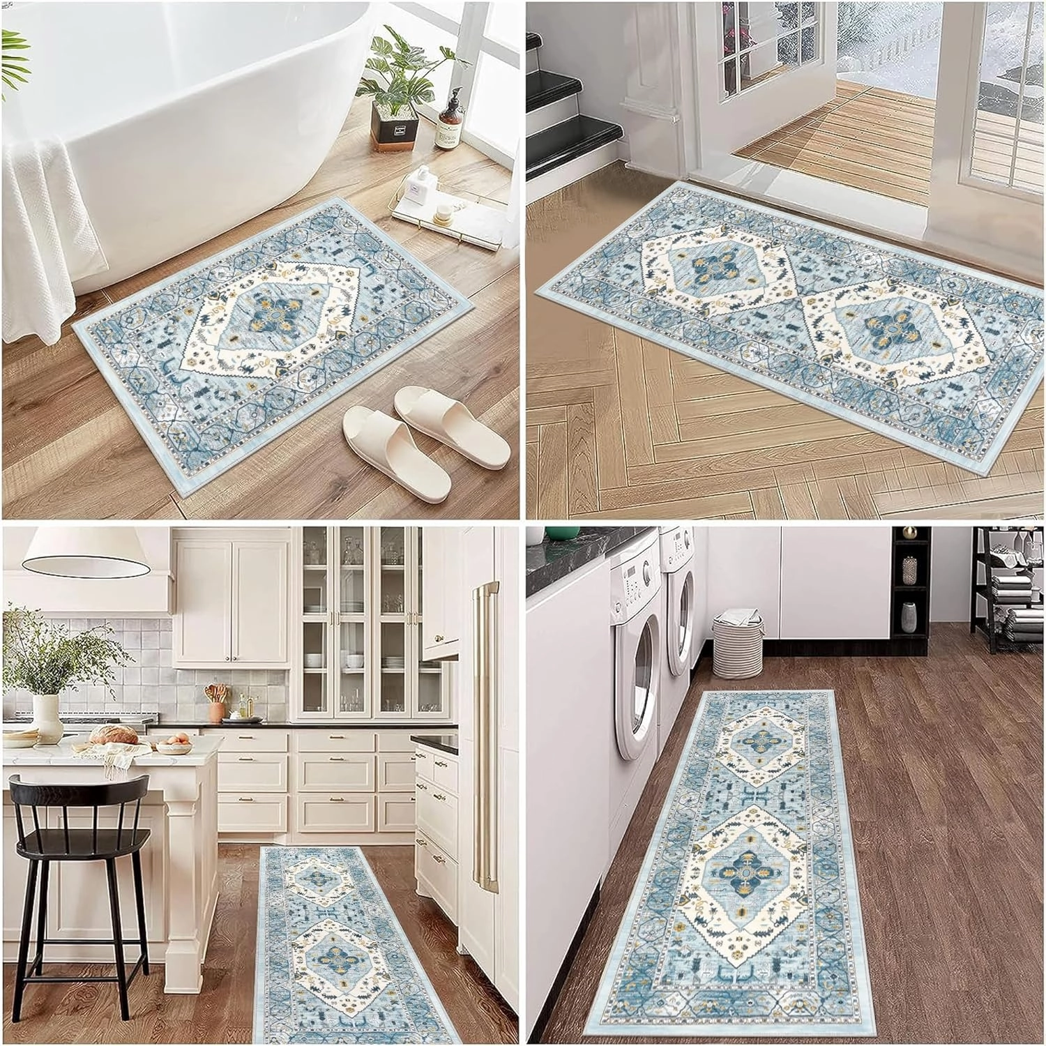 Pauwer Kitchen Rugs Sets of 3 Non Slip Washable Kitchen Mats for Floor Farmhouse Kitchen Floor Mat Runner Rug Boho Kitchen Sink Rug Carpet for Kitchen Hallway Laundry Room, Blue