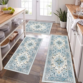 Pauwer Kitchen Rugs Sets of 3 Non Slip Washable Kitchen Mats for Floor Farmhouse Kitchen Floor Mat Runner Rug Boho Kitchen Sink Rug Carpet for Kitchen Hallway Laundry Room, Blue