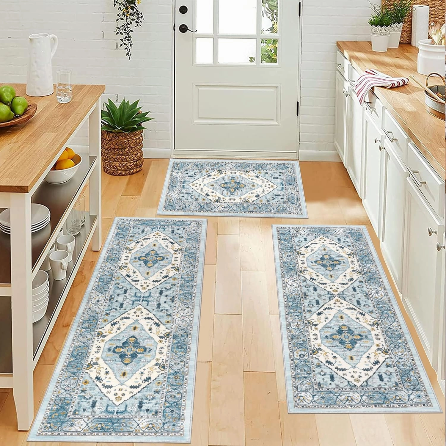 Pauwer Kitchen Rugs Sets of 3 Non Slip Washable Kitchen Mats for Floor Farmhouse Kitchen Floor Mat Runner Rug Boho Kitchen Sink Rug Carpet for Kitchen Hallway Laundry Room, Blue