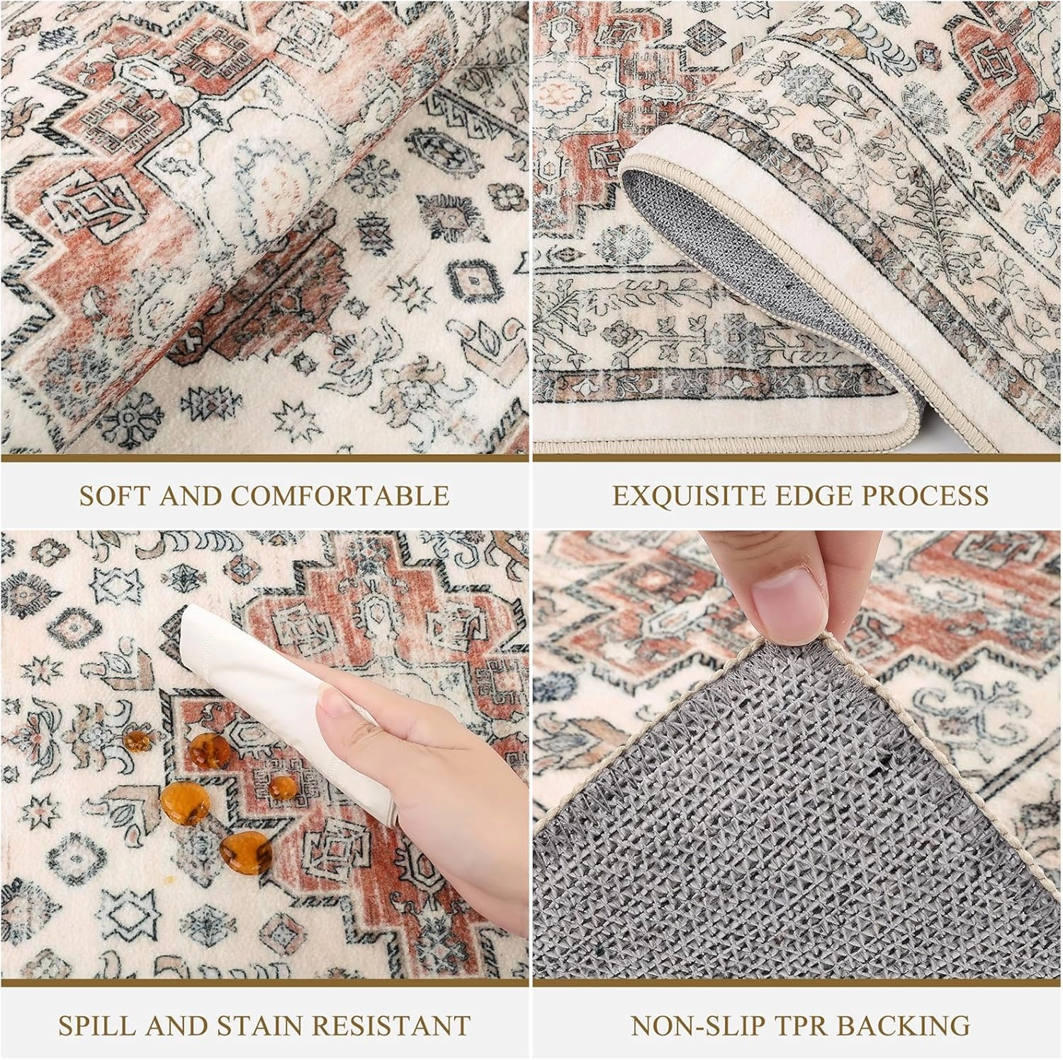 Pauwer Kitchen Rugs Sets of 3 Non Slip Washable Kitchen Mats for Floor Farmhouse Kitchen Floor Mat Runner Rug Boho Kitchen Sink Rug Carpet for Kitchen Hallway Laundry Room, Ivory
