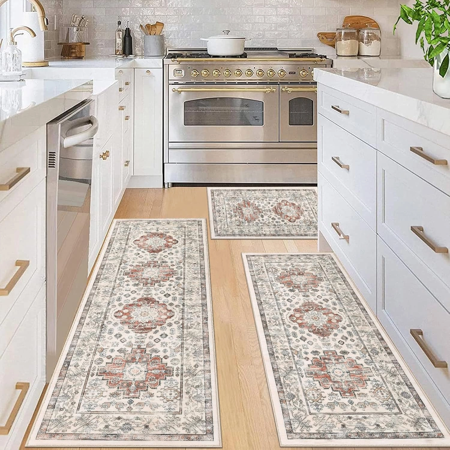 Pauwer Kitchen Rugs Sets of 3 Non Slip Washable Kitchen Mats for Floor Farmhouse Kitchen Floor Mat Runner Rug Boho Kitchen Sink Rug Carpet for Kitchen Hallway Laundry Room, Ivory