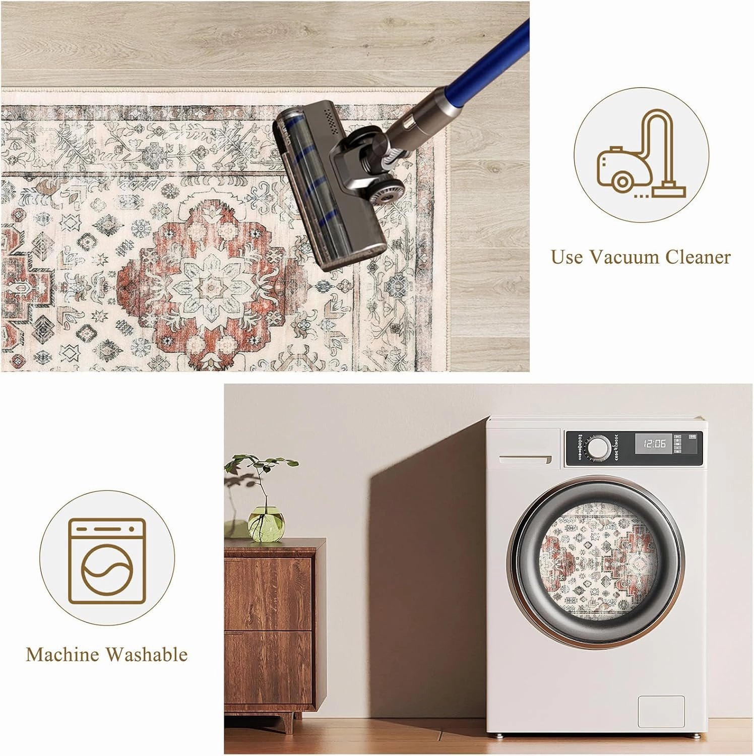Pauwer Kitchen Rugs Sets of 3 Non Slip Washable Kitchen Mats for Floor Farmhouse Kitchen Floor Mat Runner Rug Boho Kitchen Sink Rug Carpet for Kitchen Hallway Laundry Room, Ivory