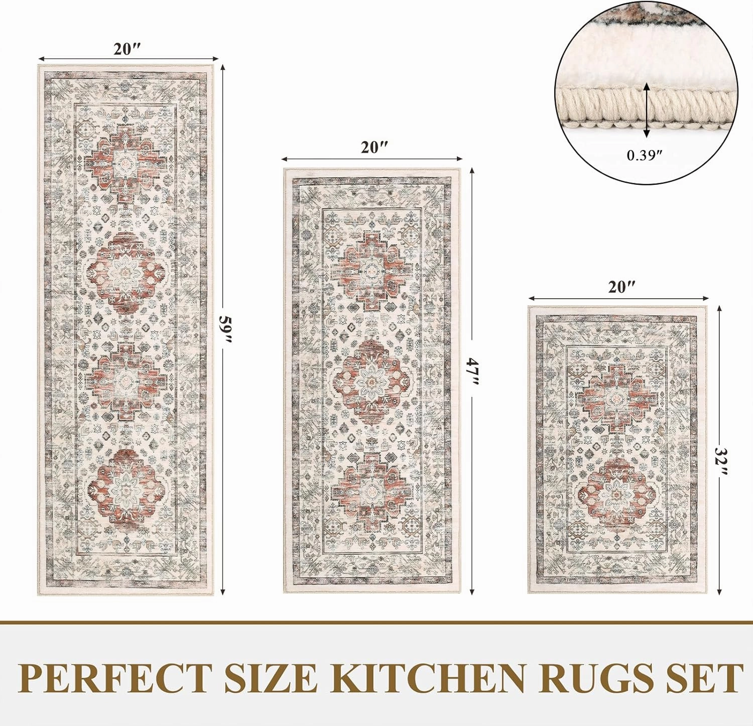 Pauwer Kitchen Rugs Sets of 3 Non Slip Washable Kitchen Mats for Floor Farmhouse Kitchen Floor Mat Runner Rug Boho Kitchen Sink Rug Carpet for Kitchen Hallway Laundry Room, Ivory