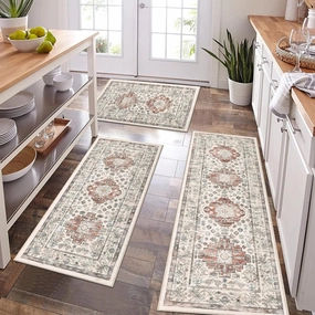 Pauwer Kitchen Rugs Sets of 3 Non Slip Washable Kitchen Mats for Floor Farmhouse Kitchen Floor Mat Runner Rug Boho Kitchen Sink Rug Carpet for Kitchen Hallway Laundry Room, Ivory