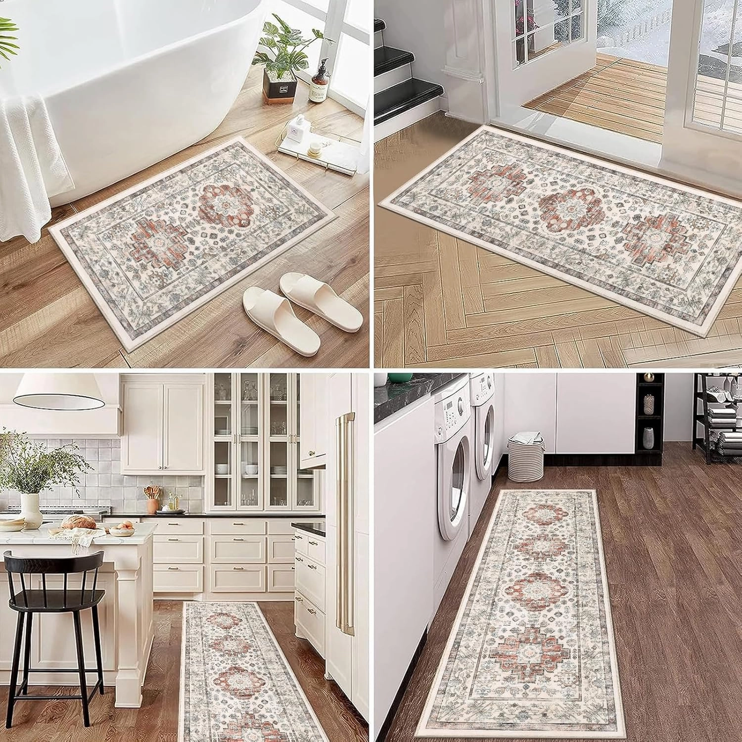 Pauwer Kitchen Rugs Sets of 3 Non Slip Washable Kitchen Mats for Floor Farmhouse Kitchen Floor Mat Runner Rug Boho Kitchen Sink Rug Carpet for Kitchen Hallway Laundry Room, Ivory