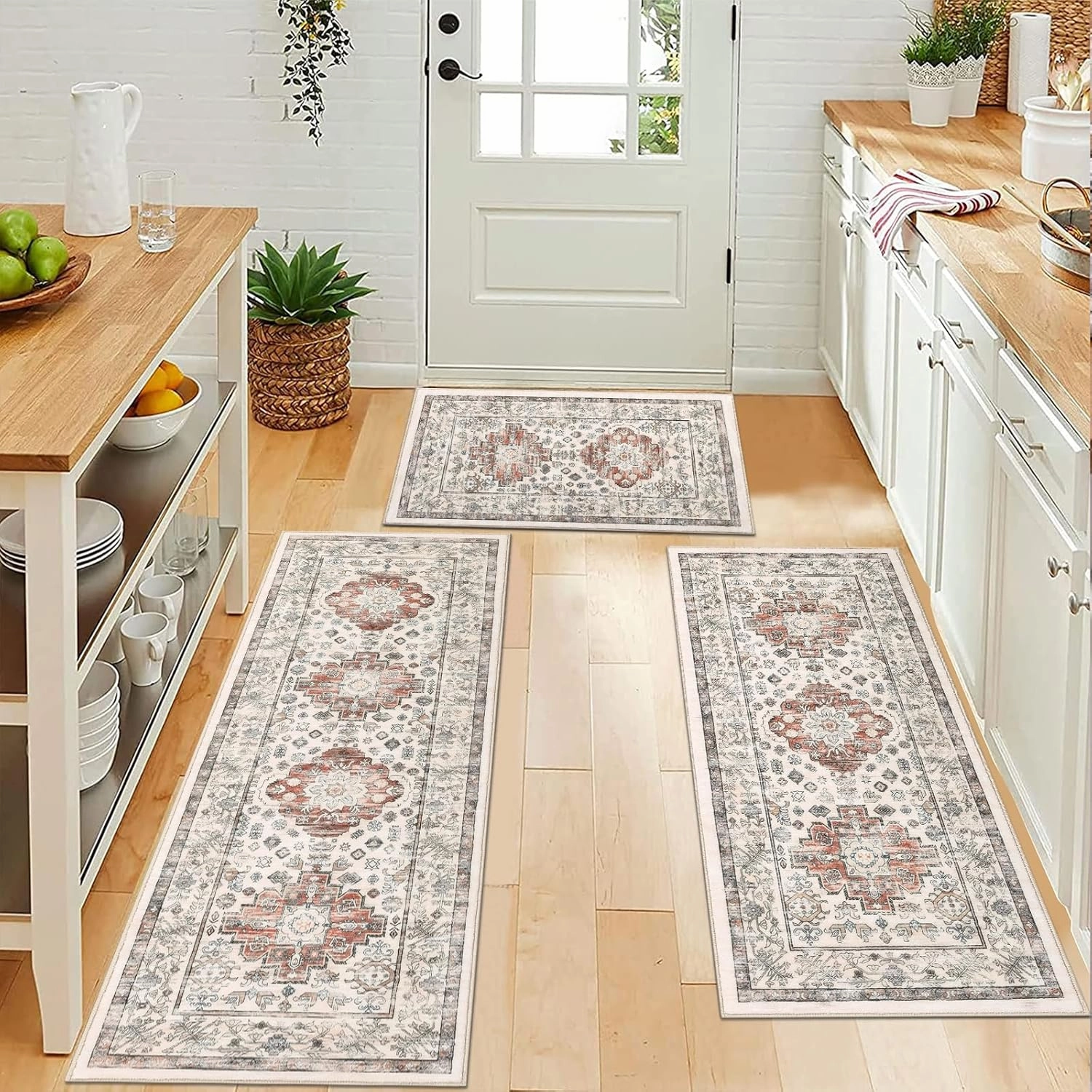 Pauwer Kitchen Rugs Sets of 3 Non Slip Washable Kitchen Mats for Floor Farmhouse Kitchen Floor Mat Runner Rug Boho Kitchen Sink Rug Carpet for Kitchen Hallway Laundry Room, Ivory