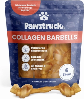 Pawstruck Natural Large Collagen Stick Barbells for Dogs - Vet-Approved Long Lasting Chew Alternative to Rawhide & Bully Sticks, with Glucosamine & Chondroitin - 6 Pack, Packaging May Vary