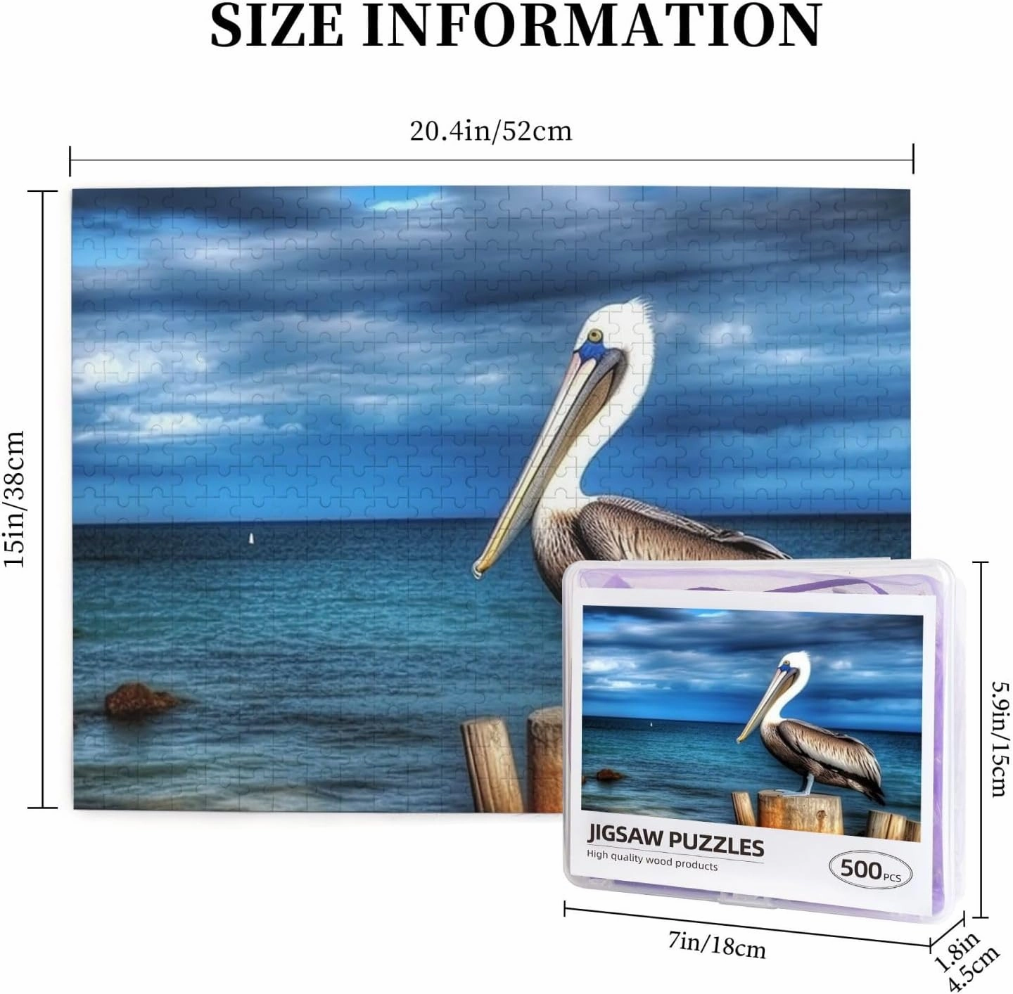 Pelican Bird Blue Sea Puzzles 500 Pieces Personalized Jigsaw Puzzles with Storage Bag Photos Puzzle for Photos Challenging Picture Puzzle for Family Home Decor Jigsaw (20.4" x 15")