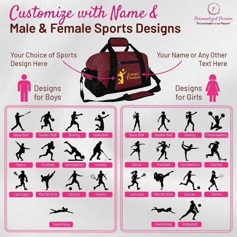 Personalized Passion Small Sports Duffel Bags for Kids - 14” Waterproof Travel Duffle with Embroidered Name & Basketball Design - Purple Two-Toned Kids Weekender Bag for Boys and Girls