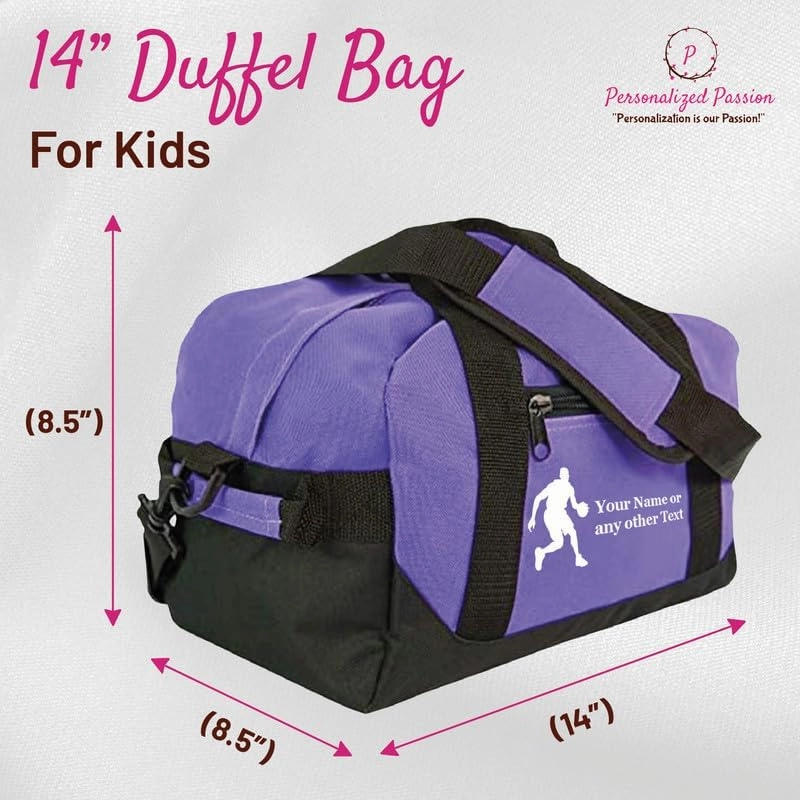 Personalized Passion Small Sports Duffel Bags for Kids - 14” Waterproof Travel Duffle with Embroidered Name & Basketball Design - Purple Two-Toned Kids Weekender Bag for Boys and Girls