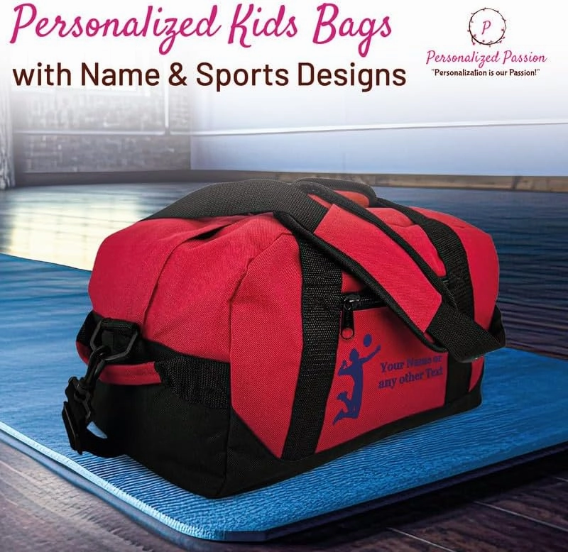 Personalized Passion Small Sports Duffel Bags for Kids - 14” Waterproof Travel Duffle with Embroidered Name & Basketball Design - Purple Two-Toned Kids Weekender Bag for Boys and Girls
