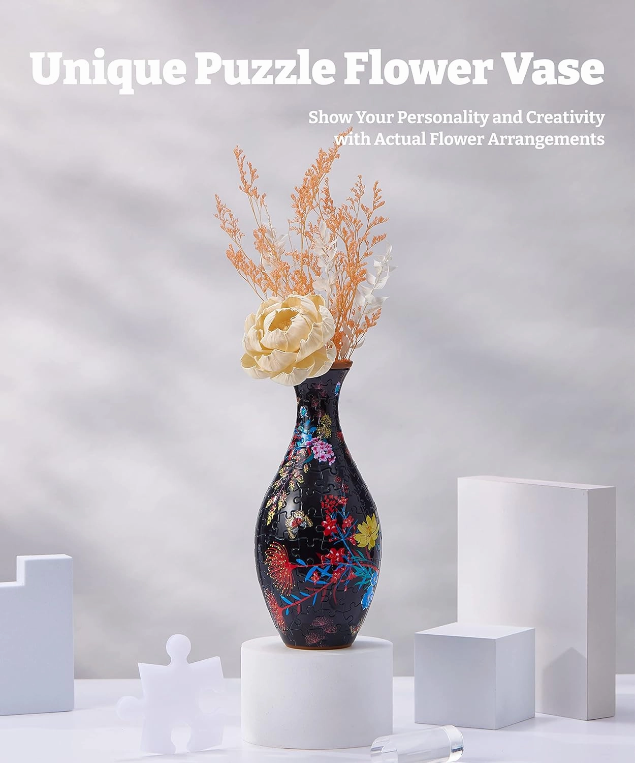 Pintoo 3D Puzzle Vase Unique Flower Vase Made by 160 Curved Plastic Puzzle Pieces House Warming Gift for Flower Arrangements and Home Decoration - [S1031] (Classic, Elegant Floral Print)