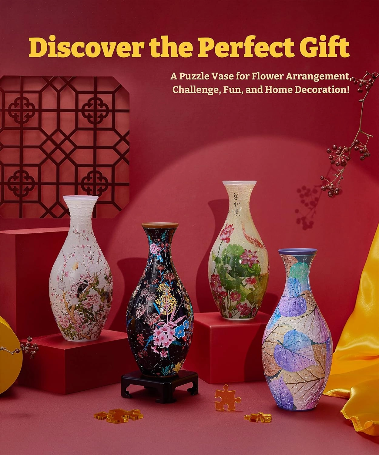 Pintoo 3D Puzzle Vase Unique Flower Vase Made by 160 Curved Plastic Puzzle Pieces House Warming Gift for Flower Arrangements and Home Decoration - [S1031] (Classic, Elegant Floral Print)