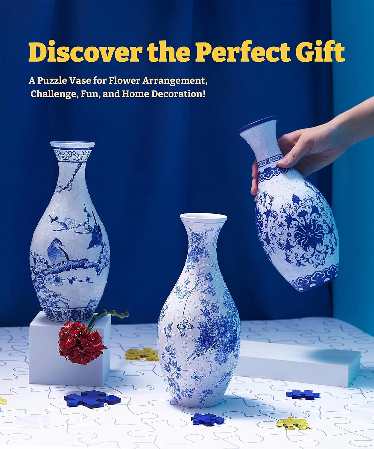 Pintoo 3D Puzzle Vase Unique Flower Vase Made by 160 Curved Plastic Puzzle Pieces House Warming Gift for Flower Arrangements and Home Decoration - [S1032] (Classic, Indigo Age)